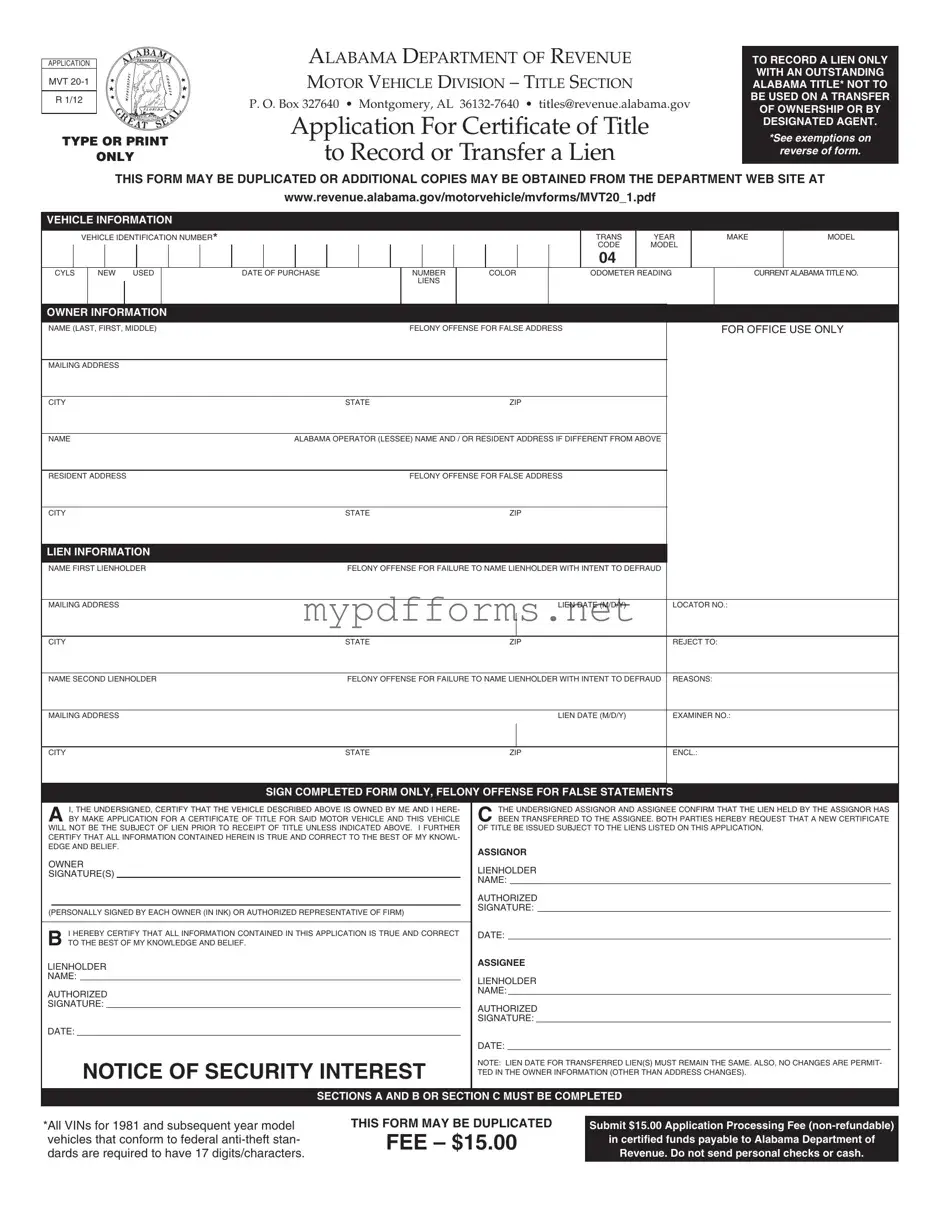 Get Alabama Mvt 20 1 Form in PDF