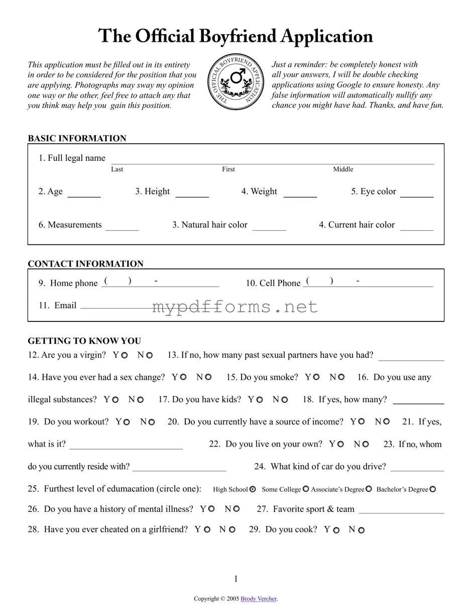 Get Boyfriend application form Form in PDF