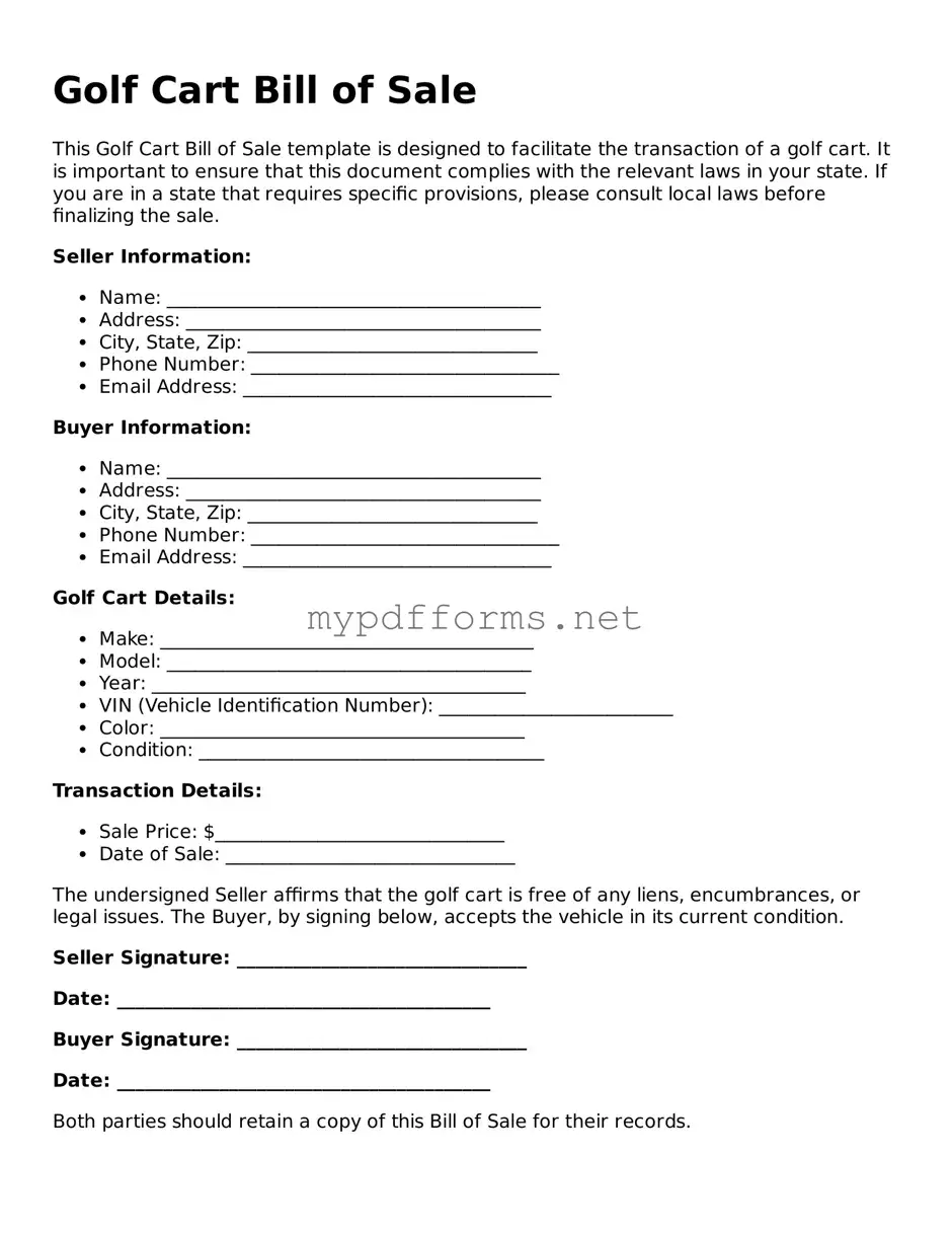 Golf Cart Bill of Sale Template