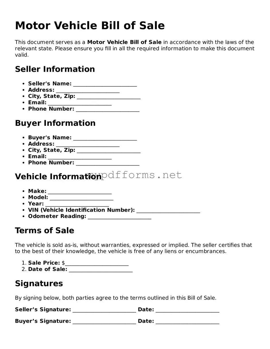 Motor Vehicle Bill of Sale Template