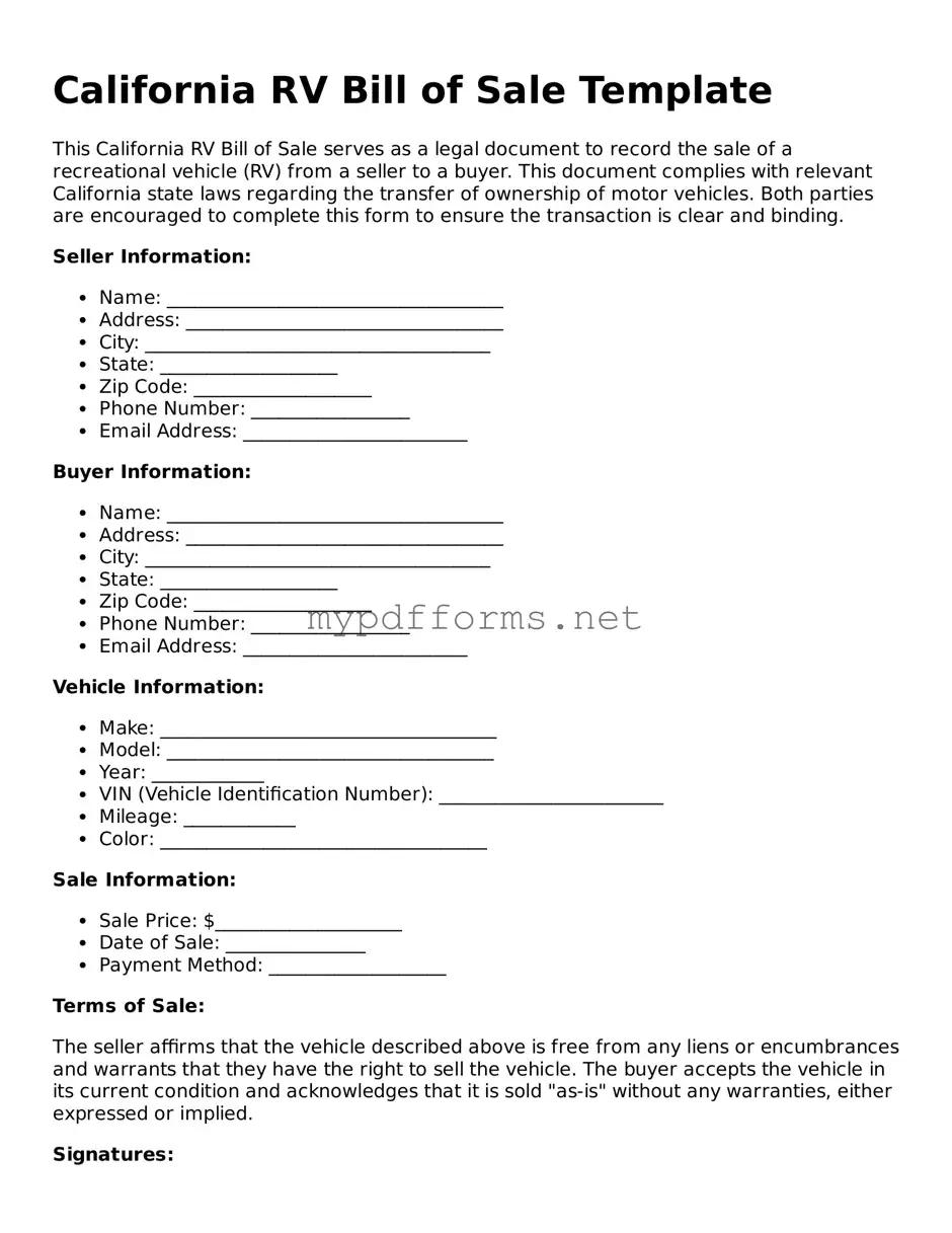 Attorney-Verified  RV Bill of Sale Document for California