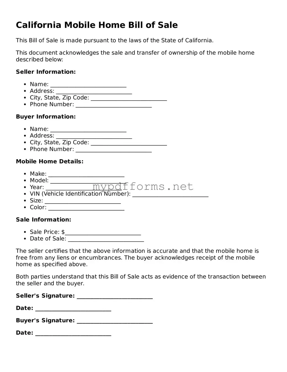 Attorney-Verified Mobile Home Bill of Sale Document for California