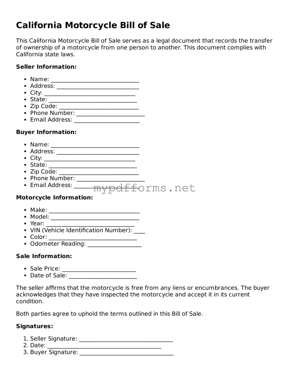 Attorney-Verified  Motorcycle Bill of Sale Document for California