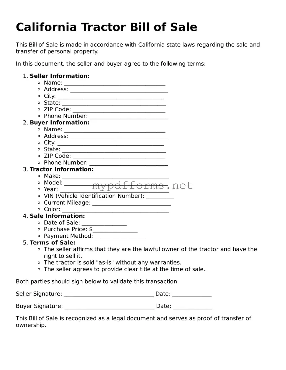 Attorney-Verified  Tractor Bill of Sale Document for California