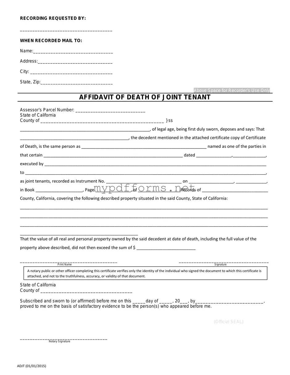 Get California Death of a Joint Tenant Affidavit Form in PDF