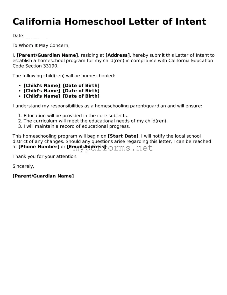 Attorney-Verified  Homeschool Letter of Intent Document for California