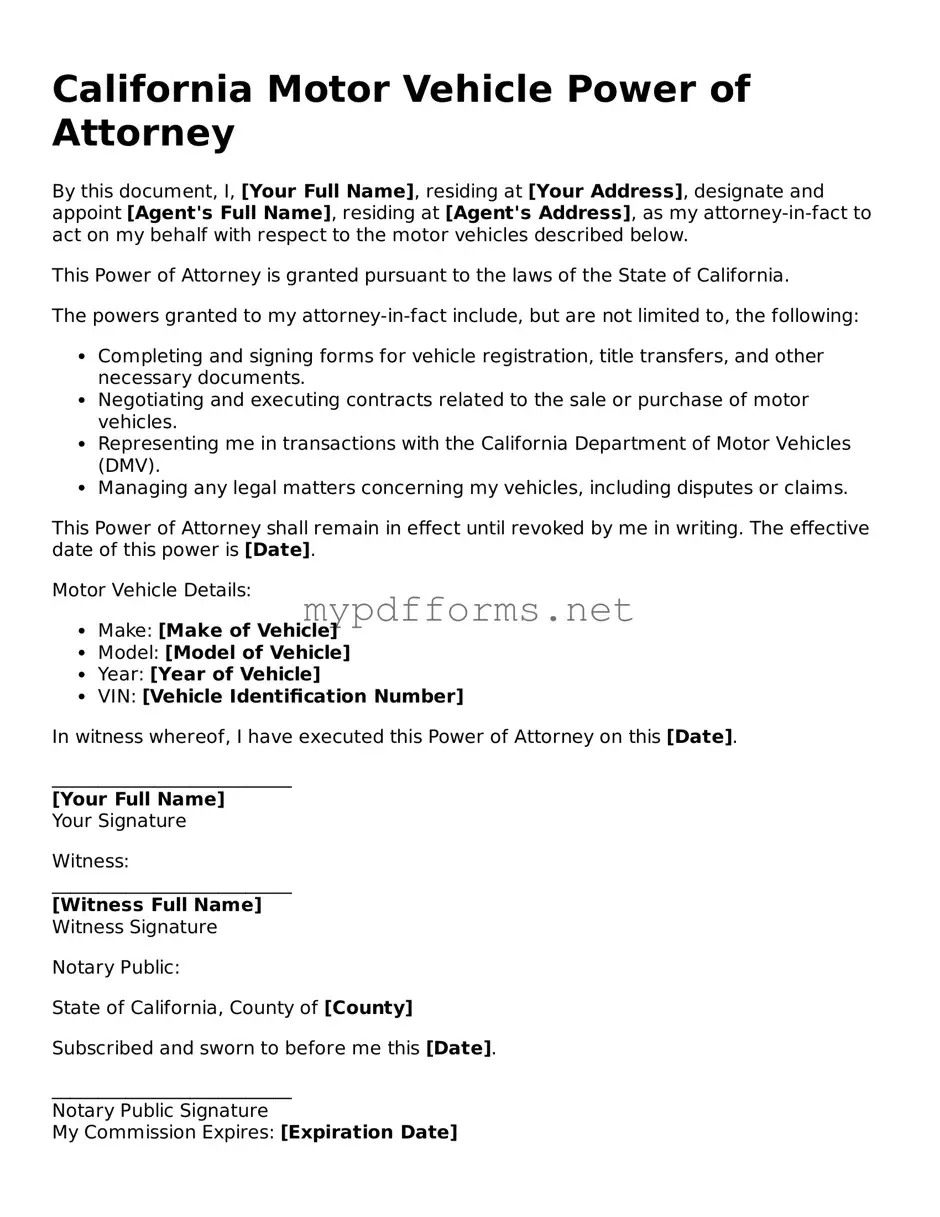 Attorney-Verified  Motor Vehicle Power of Attorney Document for California