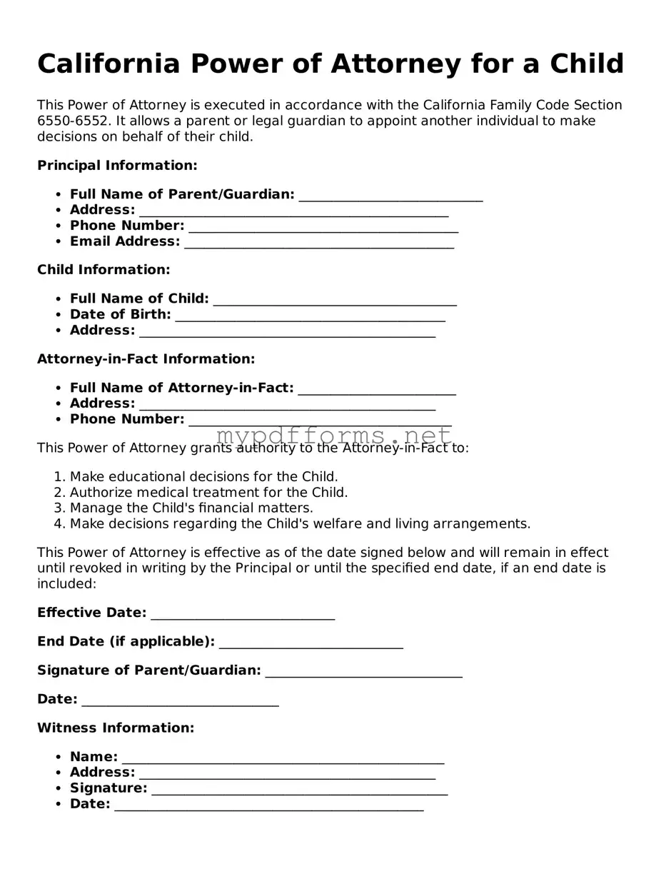 Attorney-Verified  Power of Attorney for a Child Document for California