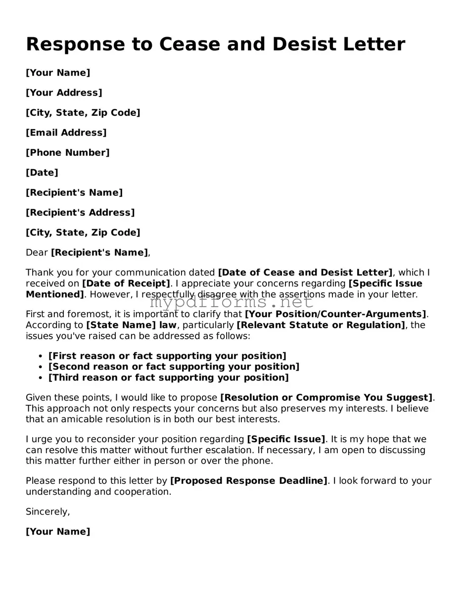 Response to a Cease and Desist Letter Template