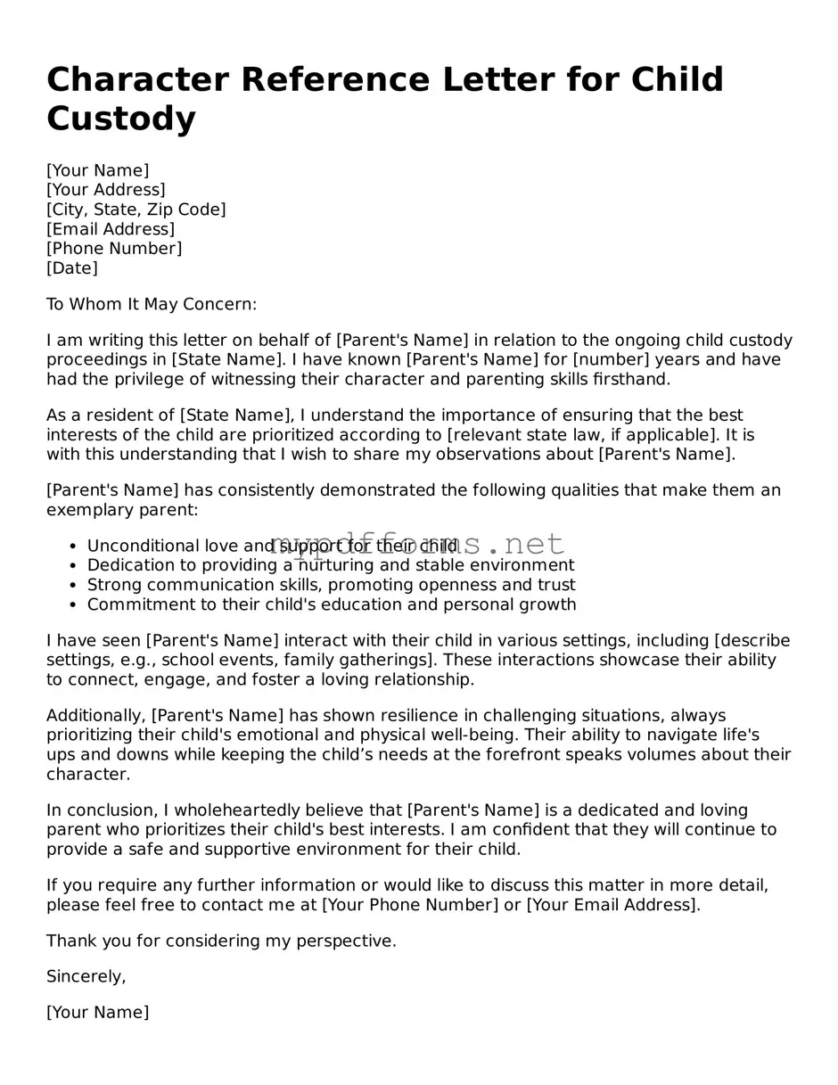 Character Reference Letter for Child Custody Template