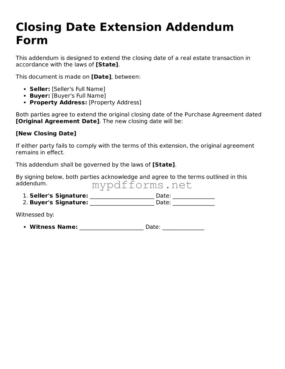 Closing Date Extension Addendum Form Template