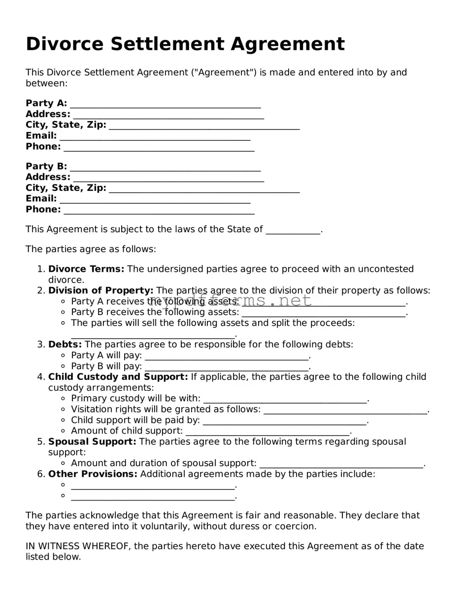 Divorce Settlement Agreement Template