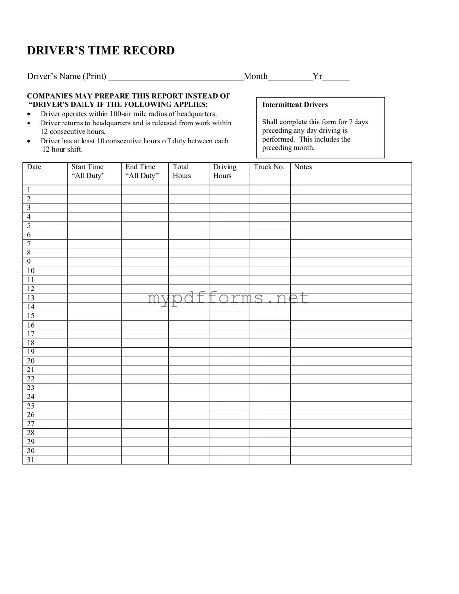Get Driver Time Record Form in PDF