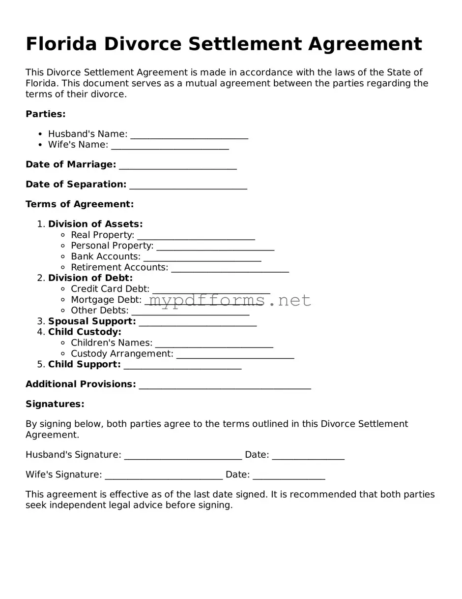 Attorney-Verified  Divorce Settlement Agreement Document for Florida