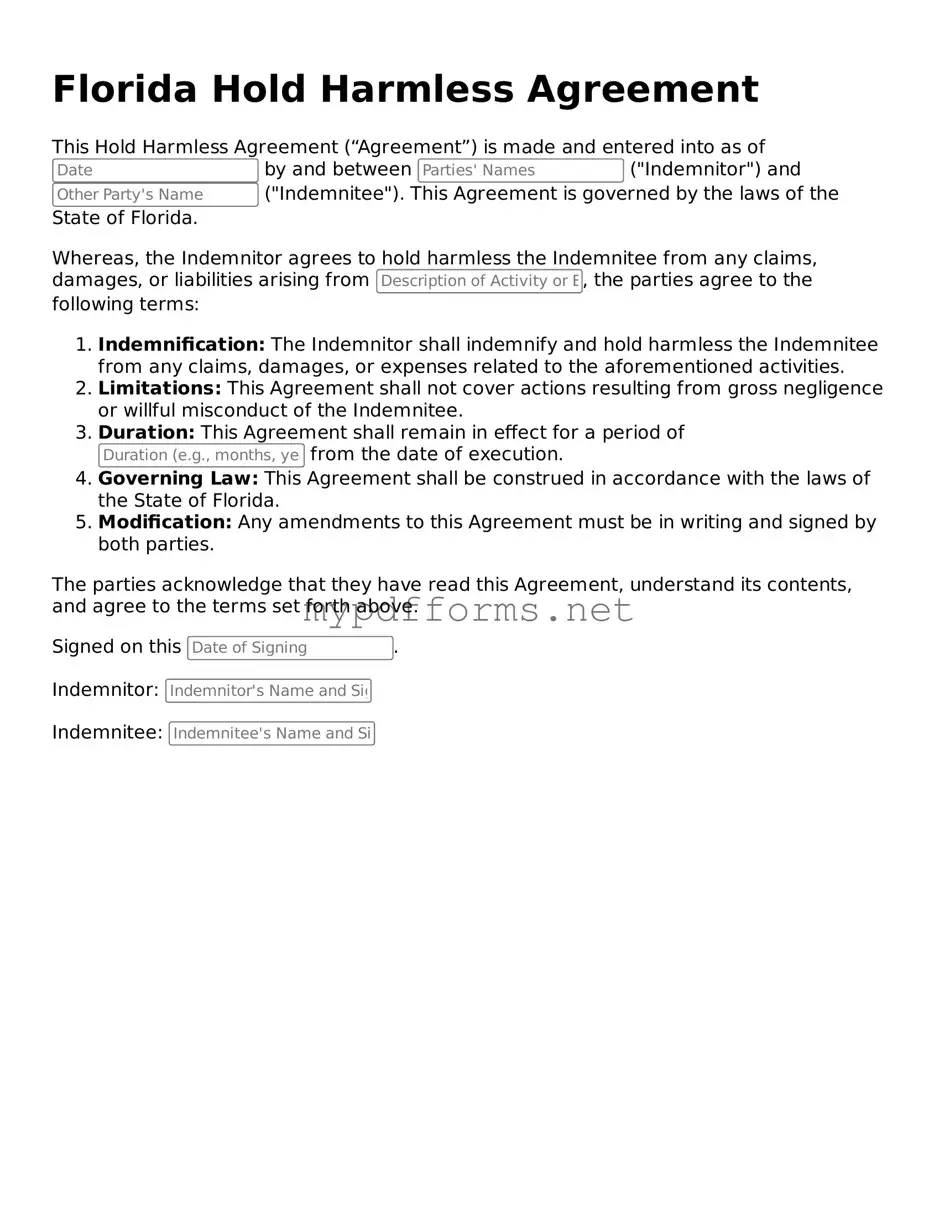 Attorney-Verified  Hold Harmless Agreement Document for Florida