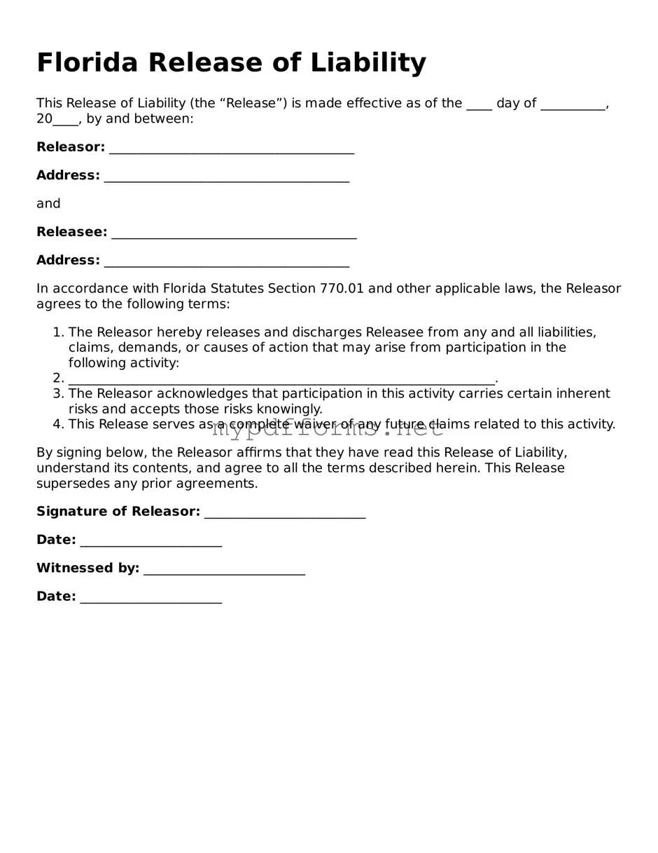 Attorney-Verified  Release of Liability Document for Florida
