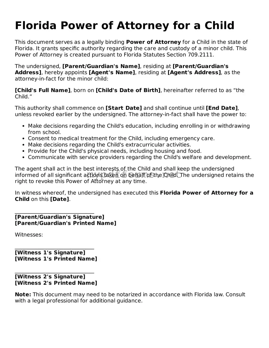 Attorney-Verified  Power of Attorney for a Child Document for Florida