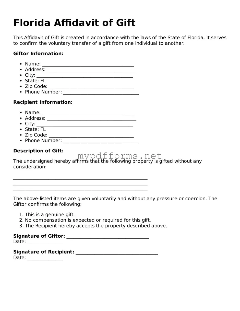 Attorney-Verified  Affidavit of Gift Document for Florida