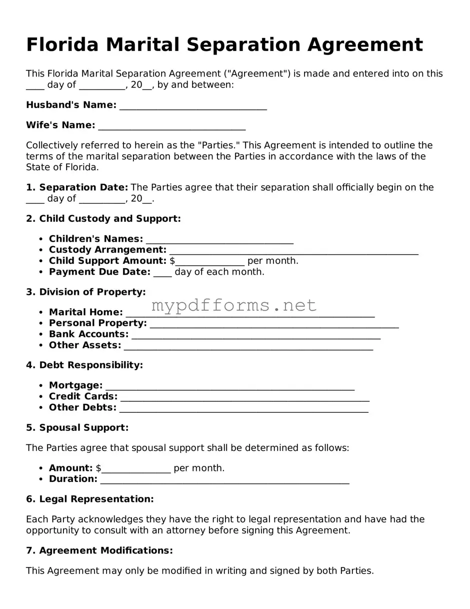 Attorney-Verified  Marital Separation Agreement Document for Florida