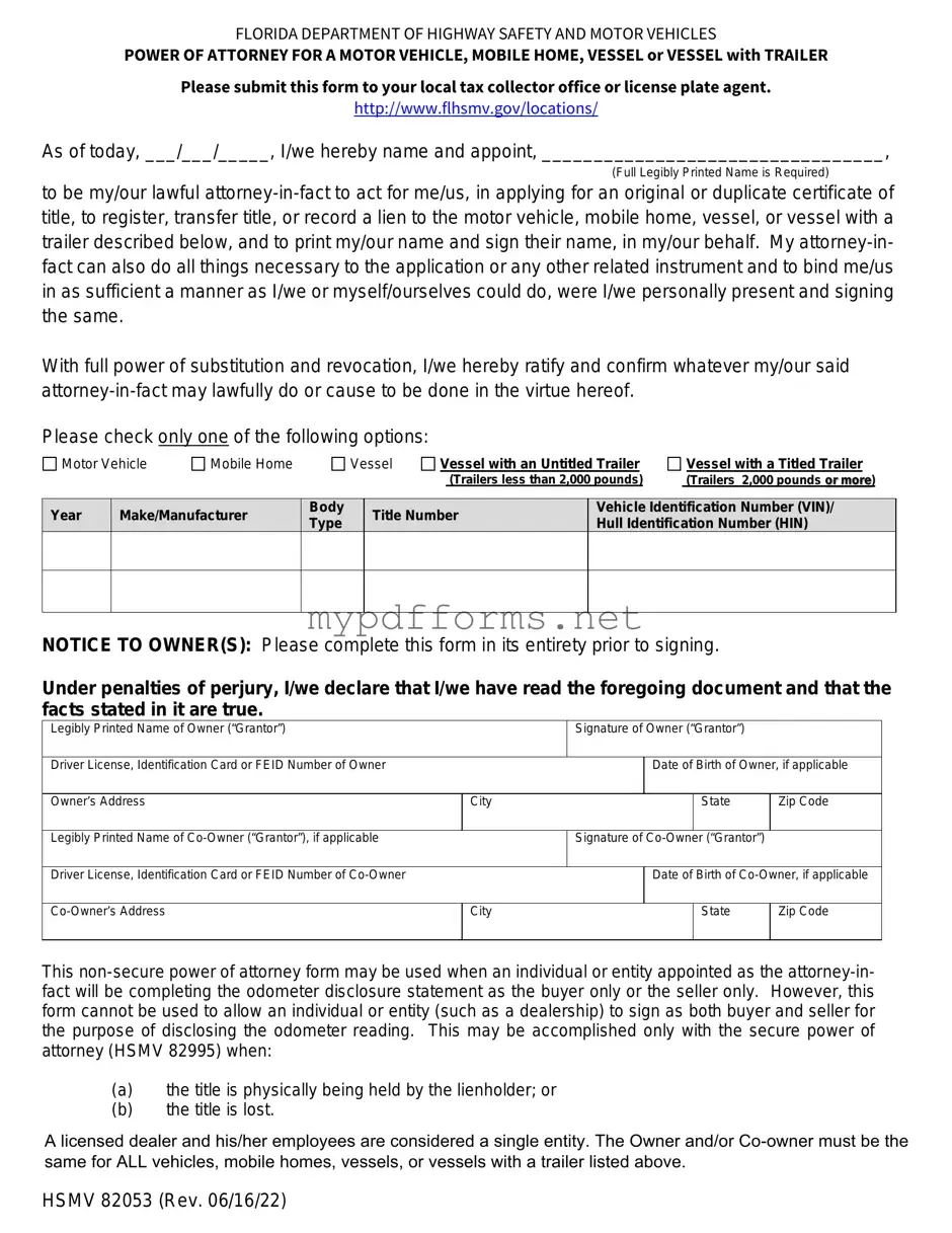 Get Florida Vehicle POA form 82053 Form in PDF