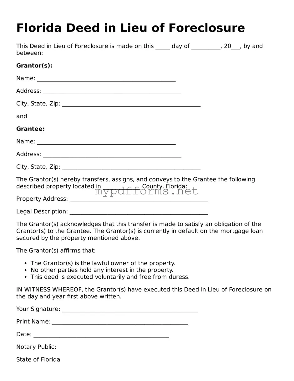 Attorney-Verified  Deed in Lieu of Foreclosure Document for Florida