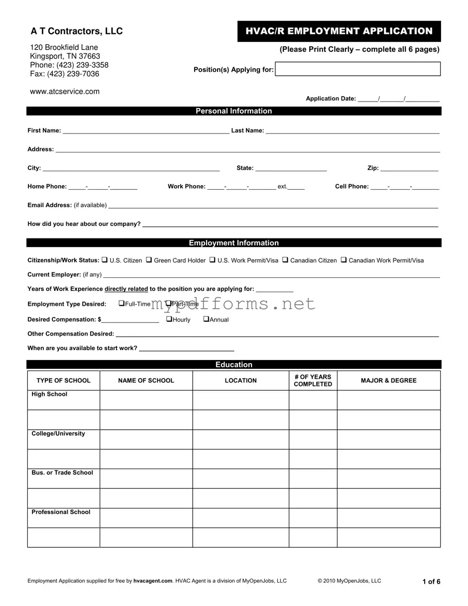 Get Hvac Job Application Form in PDF