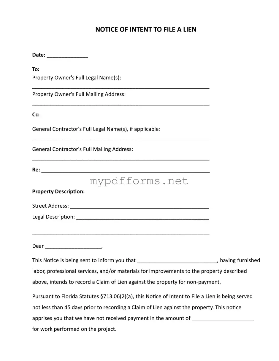 Get Intent To Lien Florida Form in PDF