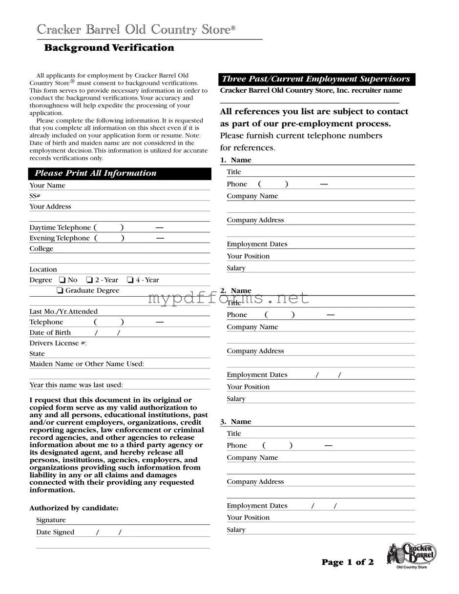 Get Cracker Barrel Background Check Form in PDF
