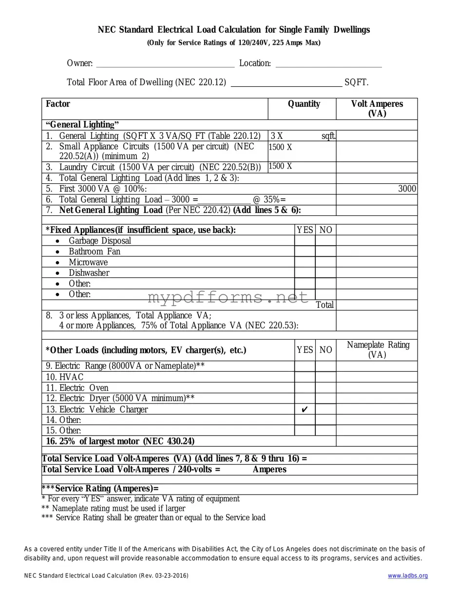 Get LADBS NEC Standard Electrical Load Calculation Form in PDF