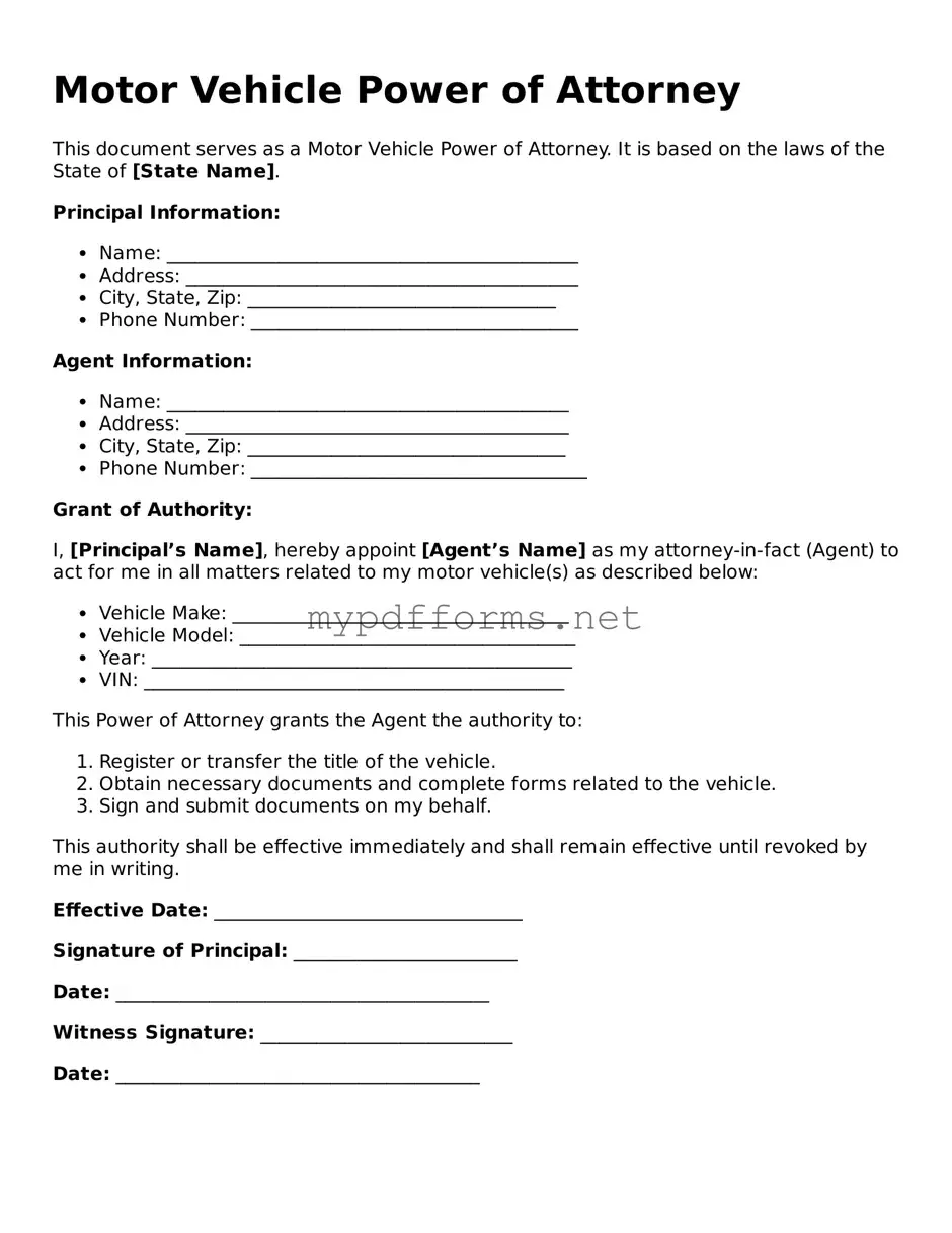Motor Vehicle Power of Attorney Template