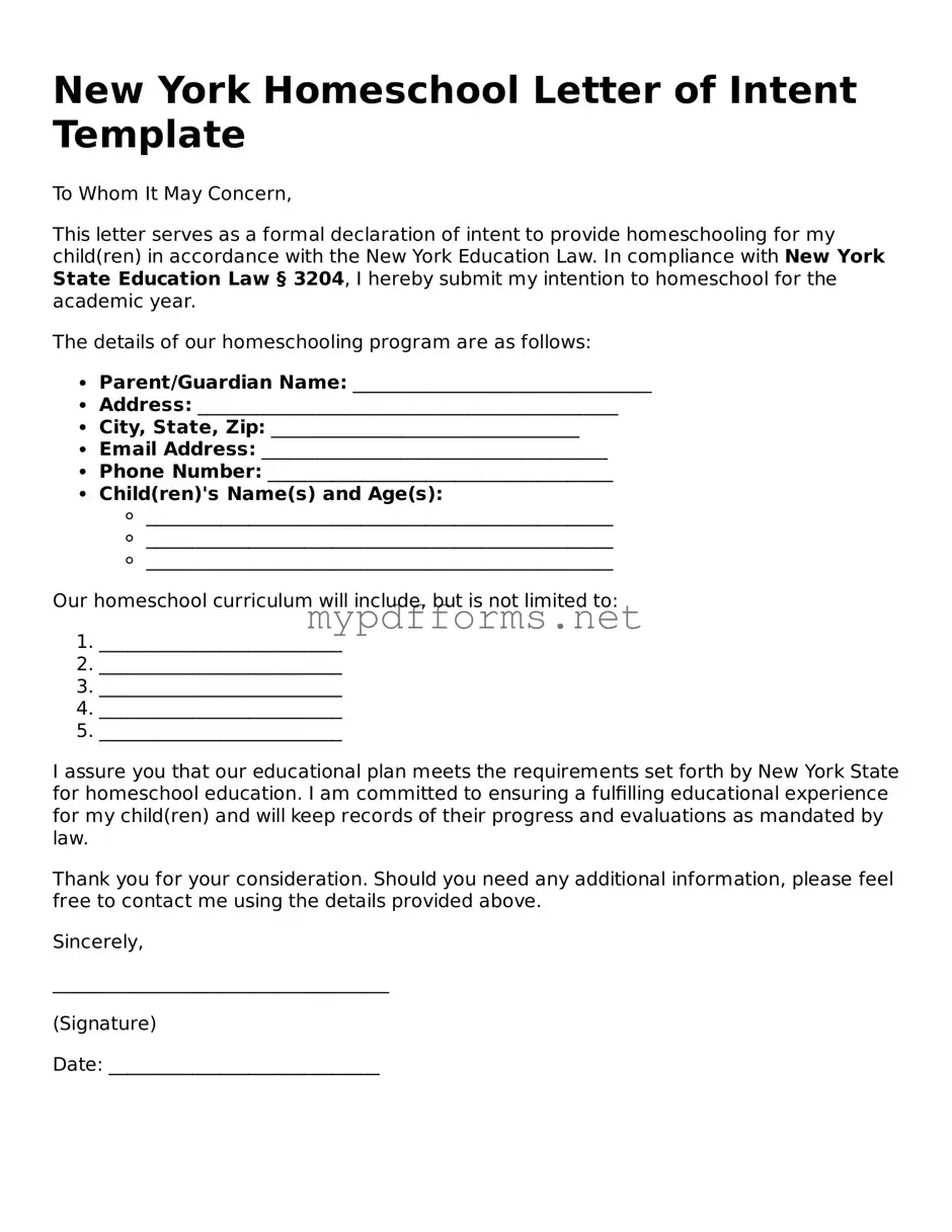Attorney-Verified  Homeschool Letter of Intent Document for New York