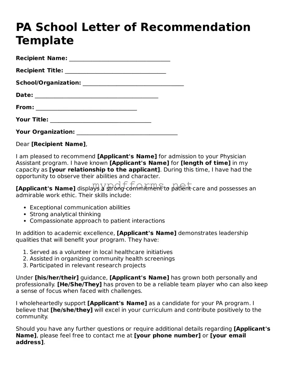 PA School Letter of Recommendation Template