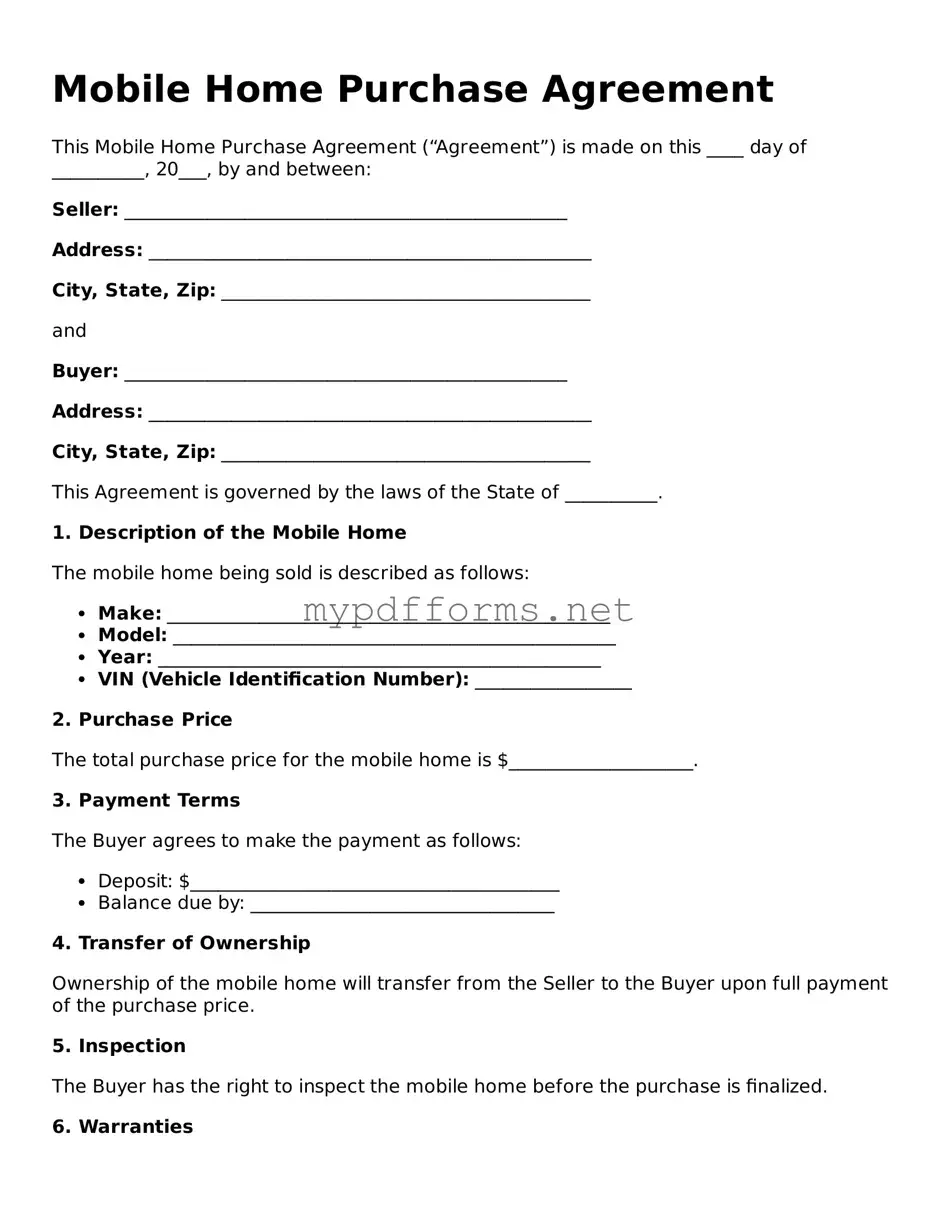Mobile Home Purchase Agreement Template