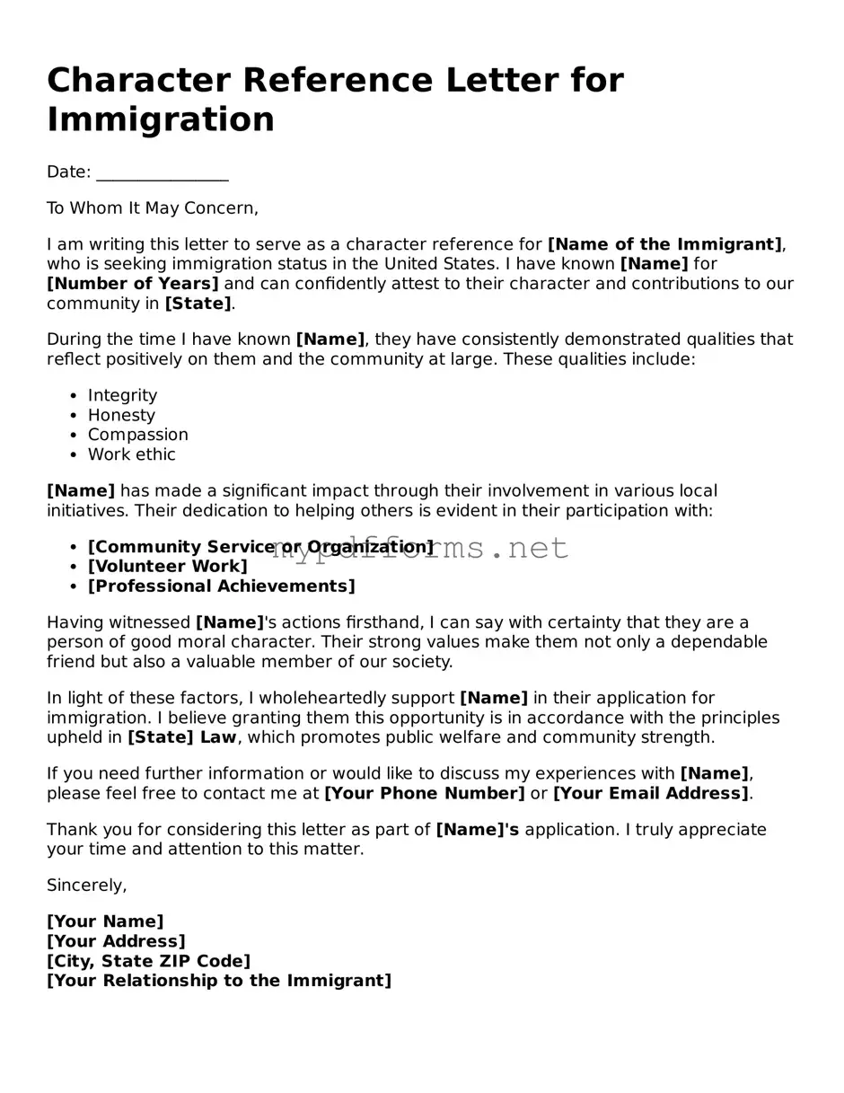 Character Reference Letter for Immigration Template