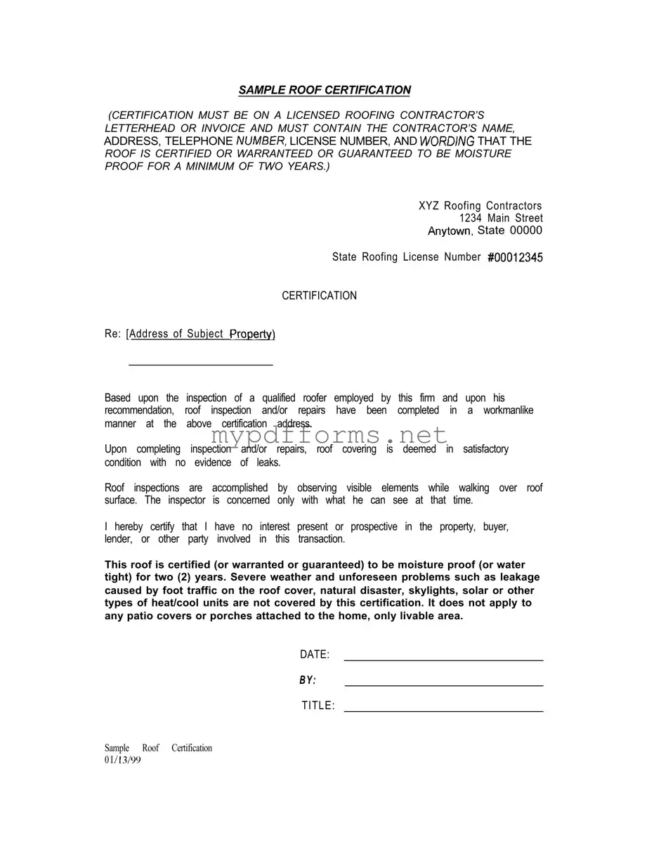 Get Sample Roof Certification Form in PDF