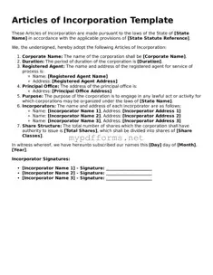 Articles of Incorporation Template