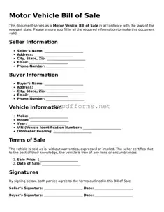 Motor Vehicle Bill of Sale Template