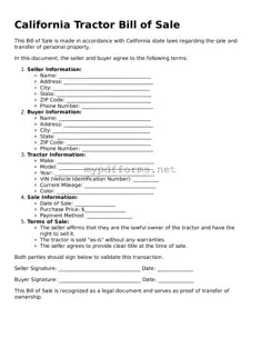 Attorney-Verified  Tractor Bill of Sale Document for California