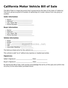 Attorney-Verified  Motor Vehicle Bill of Sale Document for California