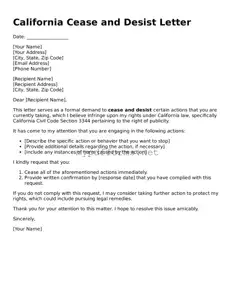 Attorney-Verified  Cease and Desist Letter Document for California