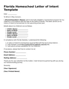 Attorney-Verified  Homeschool Letter of Intent Document for Florida