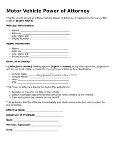 Motor Vehicle Power of Attorney Template