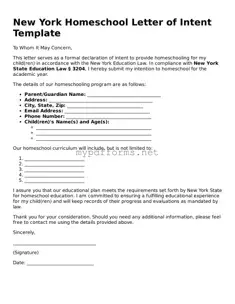 Attorney-Verified  Homeschool Letter of Intent Document for New York