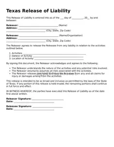 Attorney-Verified  Release of Liability Document for Texas