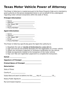 Attorney-Verified  Motor Vehicle Power of Attorney Document for Texas