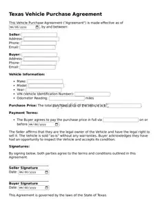 Attorney-Verified  Vehicle Purchase Agreement Document for Texas