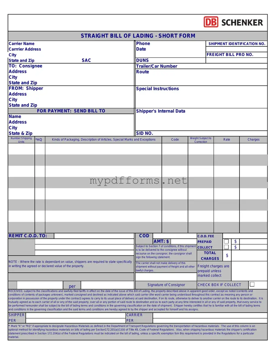 Get Straight Bill Of Lading Form in PDF