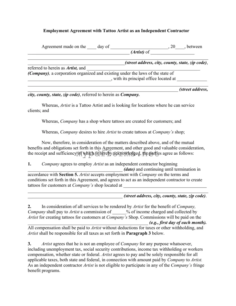 Get Tattoo Shop Artist Agreement Form in PDF
