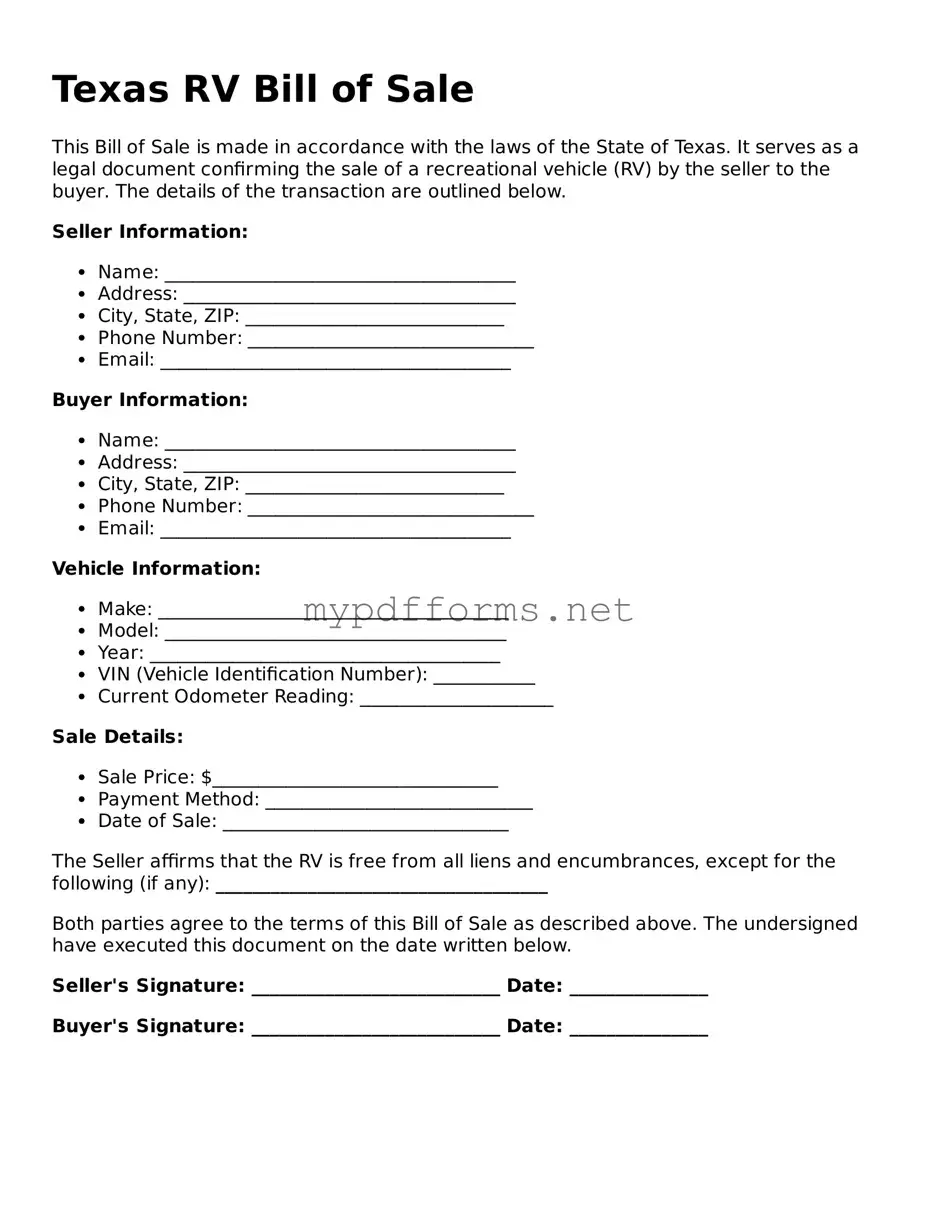 Attorney-Verified  RV Bill of Sale Document for Texas