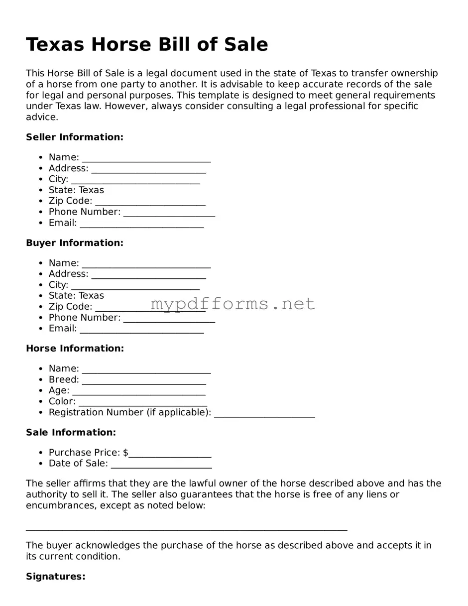 Attorney-Verified  Horse Bill of Sale Document for Texas